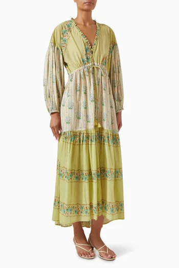 Lysia Drawstring Spliced Maxi Dress in Cotton-voile