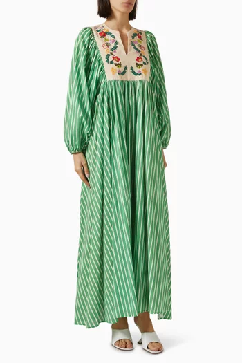Embroidered Bib Maxi Dress in Cotton