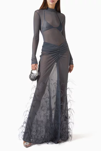 Feather Ruched Maxi Skirt in Mesh