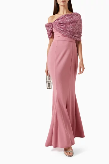 فستان بأكتاف مكشوفة كريب ودانتيل