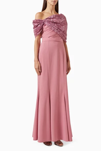 فستان بأكتاف مكشوفة كريب ودانتيل