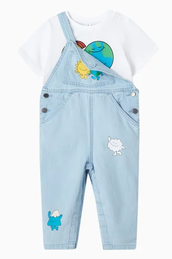 Smiley Sun & Earth Dungarees in Cotton-denim