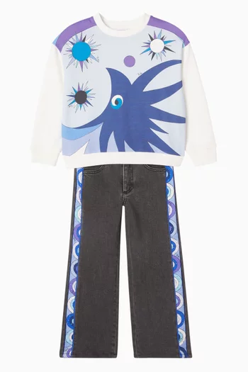 بنطال جينز بقصة ساق مستقيمة ونقشة تجريدية قطن