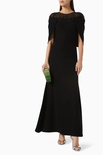Embellished Cape-sleeve Dress in Crepe