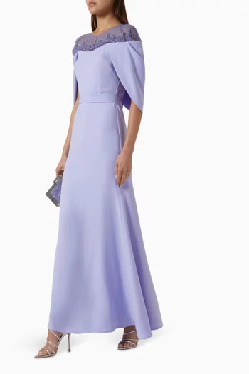 Embellished Cape-sleeve Dress in Crepe