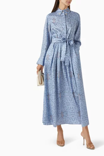 Spring-print Belted Midi Dress in Twill