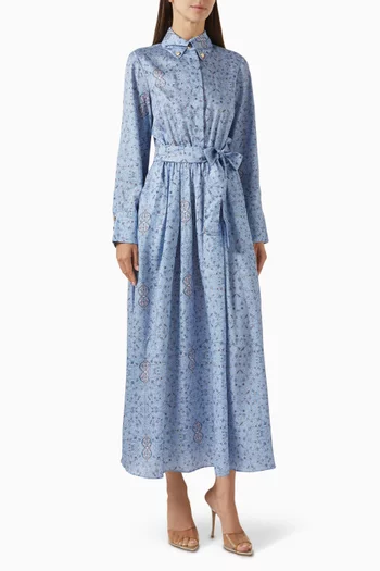 Spring-print Belted Midi Dress in Twill