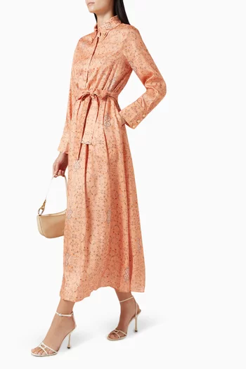 Spring-print Belted Midi Dress in Twill