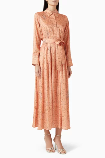 Spring-print Belted Midi Dress in Twill