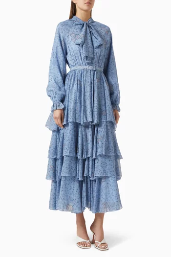 Spring Pattern Layered Midi Dress in Chiffon