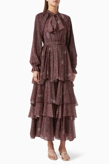 Spring Pattern Layered Midi Dress in Chiffon