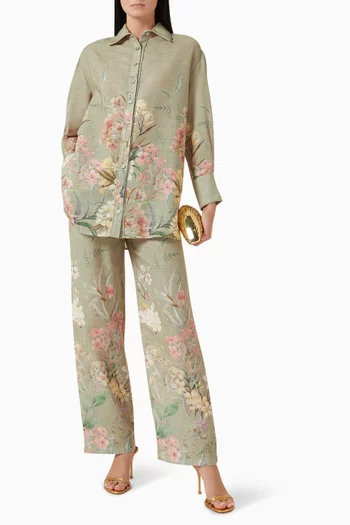 Floral-print Shirt & Pants Set in Linen