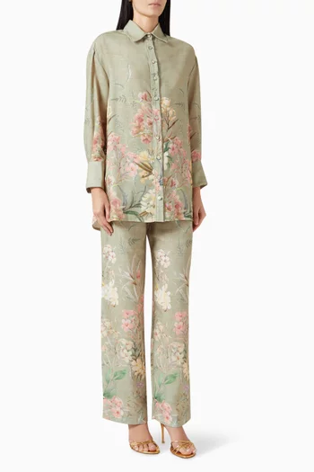 Floral-print Shirt & Pants Set in Linen