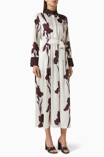 Lily Patterned Belted Midi Dress in Twill