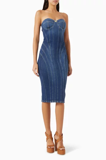 Strapless Sculpted Midi Dress in Denim