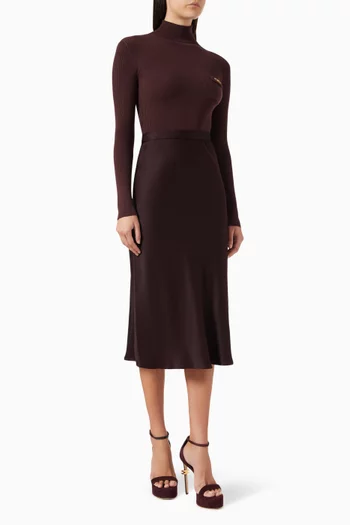 Turtleneck Ribbed Midi Dress in Knit & Satin