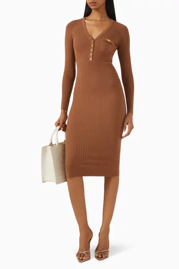 Ribbed Chest-pocket Midi Dress in Knit