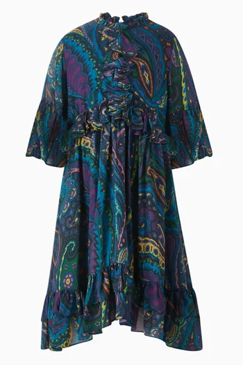 فستان منسوج مزين بالكامل بنقشة وكشكش