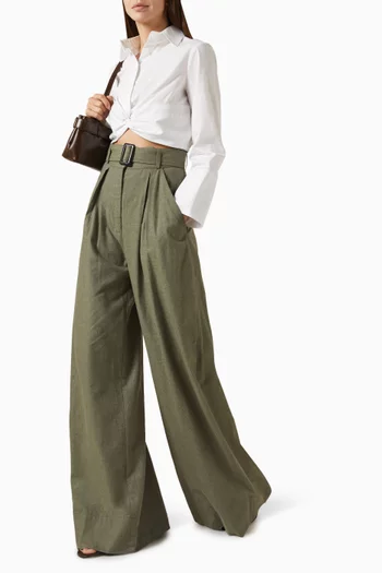 بنطال بقصة ساق واسعة وطيّات فيسكوز وكتان