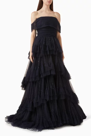 Queenie Embellished Off-shoulder Gown in Tulle