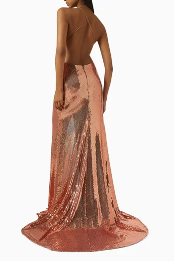 Sequin-embellished Slit Gown in Mesh