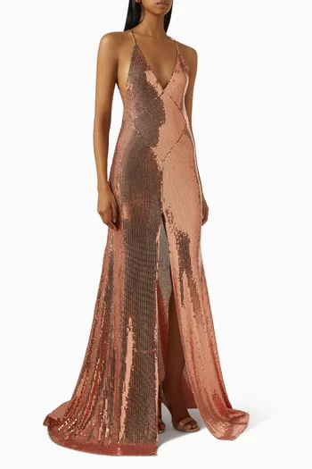 Sequin-embellished Slit Gown in Mesh