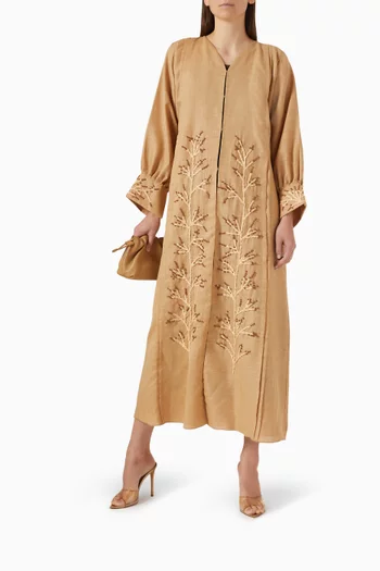 Thread Embroidered Abaya in Linen