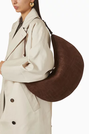 Large Ovalo Hobo Bag in Crocodile-Embossed Suede Leather