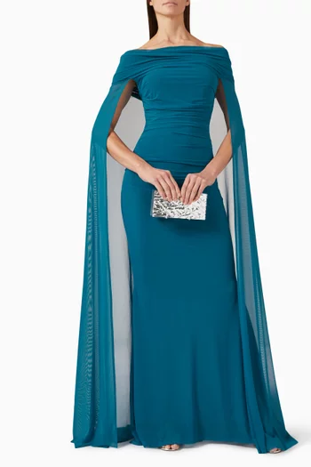 Off-shoulder Cape Gown in Stretch Tulle
