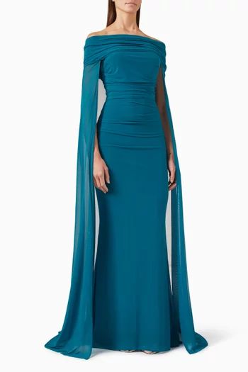 Off-shoulder Cape Gown in Stretch Tulle
