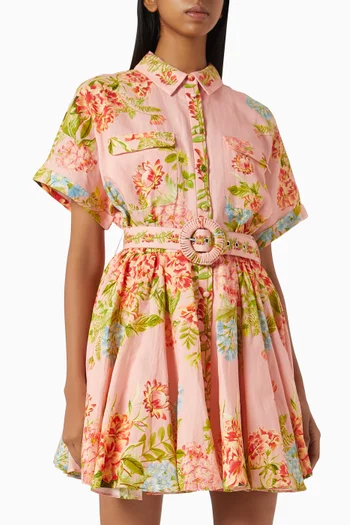 Dhun Floral-print Collared Mini Dress in Linen-cotton