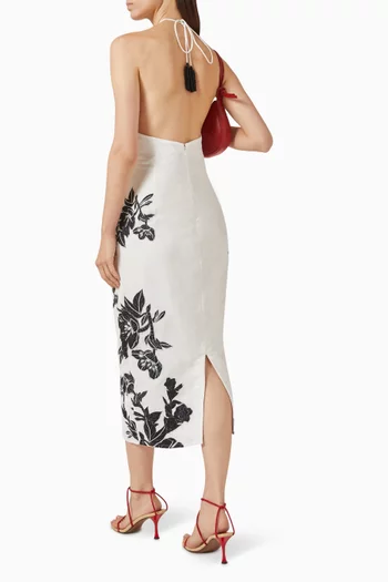 Embroidered Halterneck Dress in Linen Blend