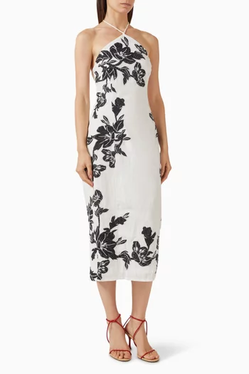 Embroidered Halterneck Dress in Linen Blend