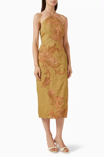 Embroidered Printed Dress in Linen Blend