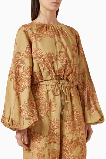 Printed Bubble-hem Top in Linen Blend