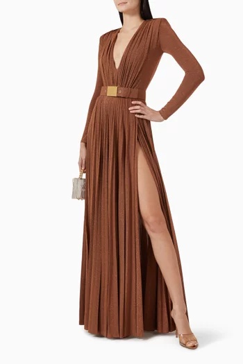 Structured Belted Maxi Dress in Pleated-jersey