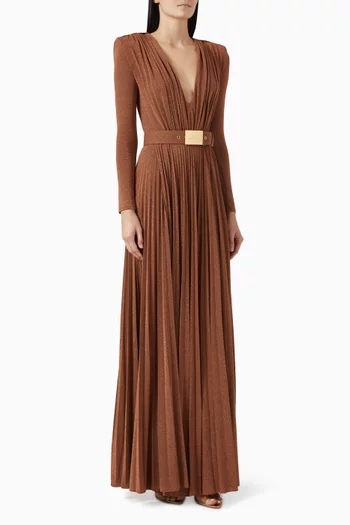 Structured Belted Maxi Dress in Pleated-jersey