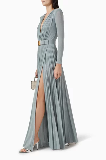 Structured Belted Maxi Dress in Pleated-jersey