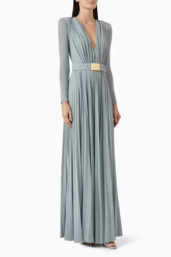 Structured Belted Maxi Dress in Pleated-jersey