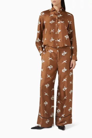 Raven-print Pants in Silk-twill