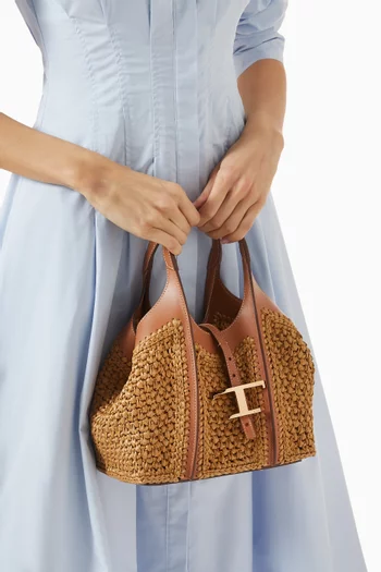 Mini T Timeless Shopping Bag in Raffia & Leather