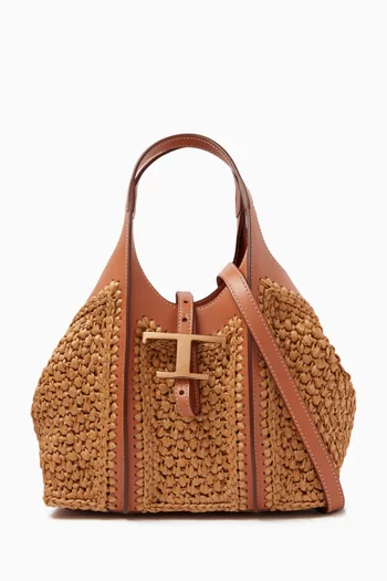 Mini T Timeless Shopping Bag in Raffia & Leather