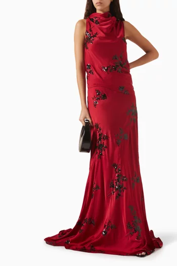 بلوزة بفتحة رقبة بياقة مطوية ومطرزة ستان