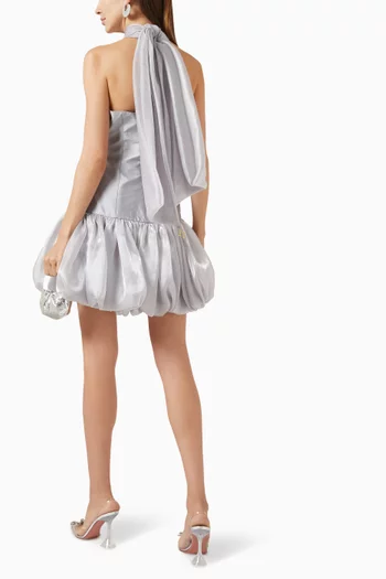 AMOUR DRESS // Taffeta dress featuring a halterneckline complimented with a bow at the neck,boned bodice and organza ruffles skirt.:Silver:M|218627597