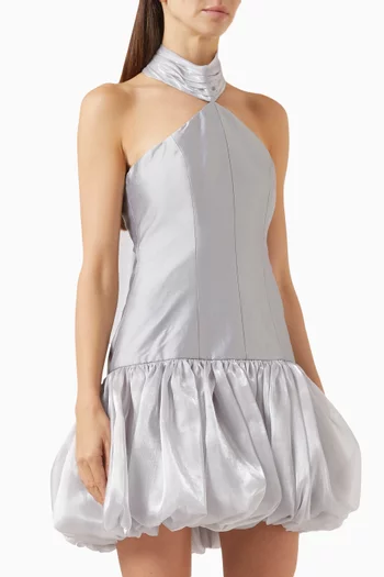 AMOUR DRESS // Taffeta dress featuring a halterneckline complimented with a bow at the neck,boned bodice and organza ruffles skirt.:Silver:M|218627597