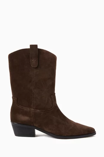 CASEY WESTERN CALF BOOT IN SUEDE WITH PULL TAB AND STITCHING DETAIL, SET ON A TRADITIONAL WESTERN LOW HEEL 55MM:DARK BROWN:40|218628099