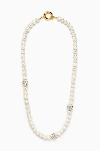 Strass & Pearl Wrap-around Necklace in 24kt Gold-plated Brass