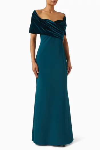 فستان سهرة بكاب درابيه مخمل وكريب