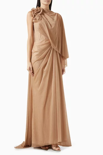 فستان سهرة بتصميم مشد غير متماثل مزين بزهور