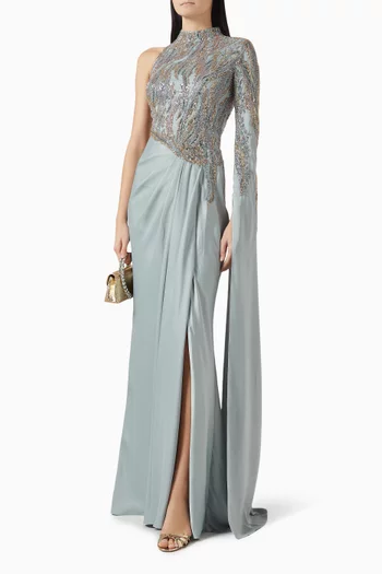 Embellished Asymmetric Gown in Satin & Tulle